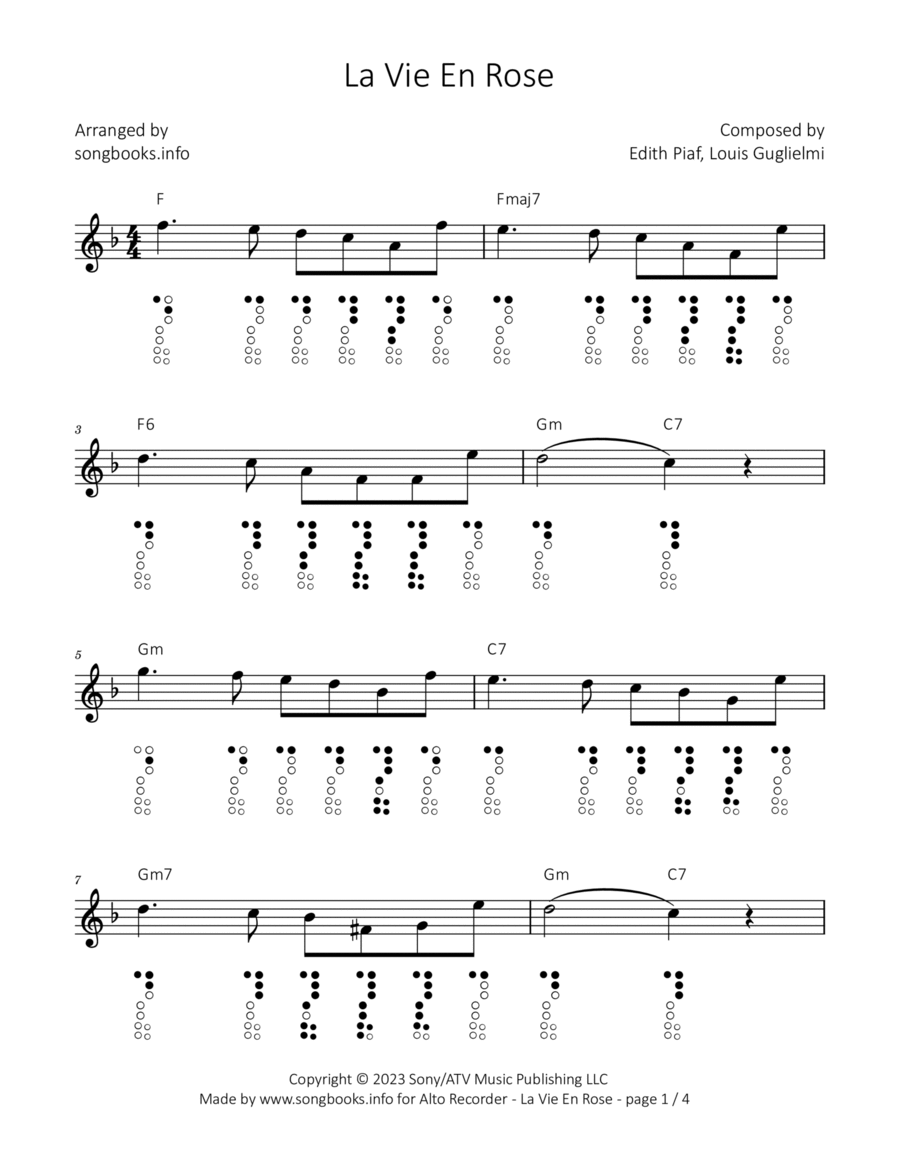 La Vie En Rose Alto Recorder scores gallery preview page 1