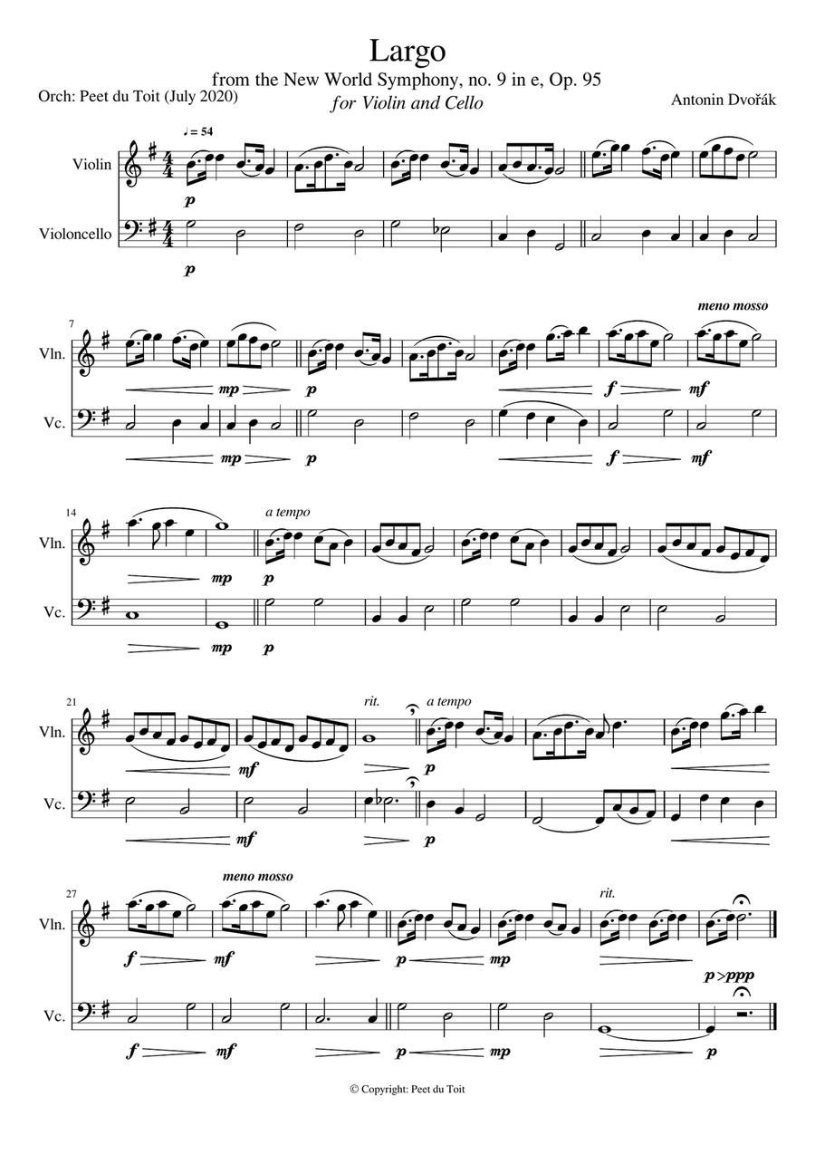 Largo from the New World Symphony no. 9 in e, Op.95 - A Dvořák (Violin & Cello) String Duet scores gallery preview page 1