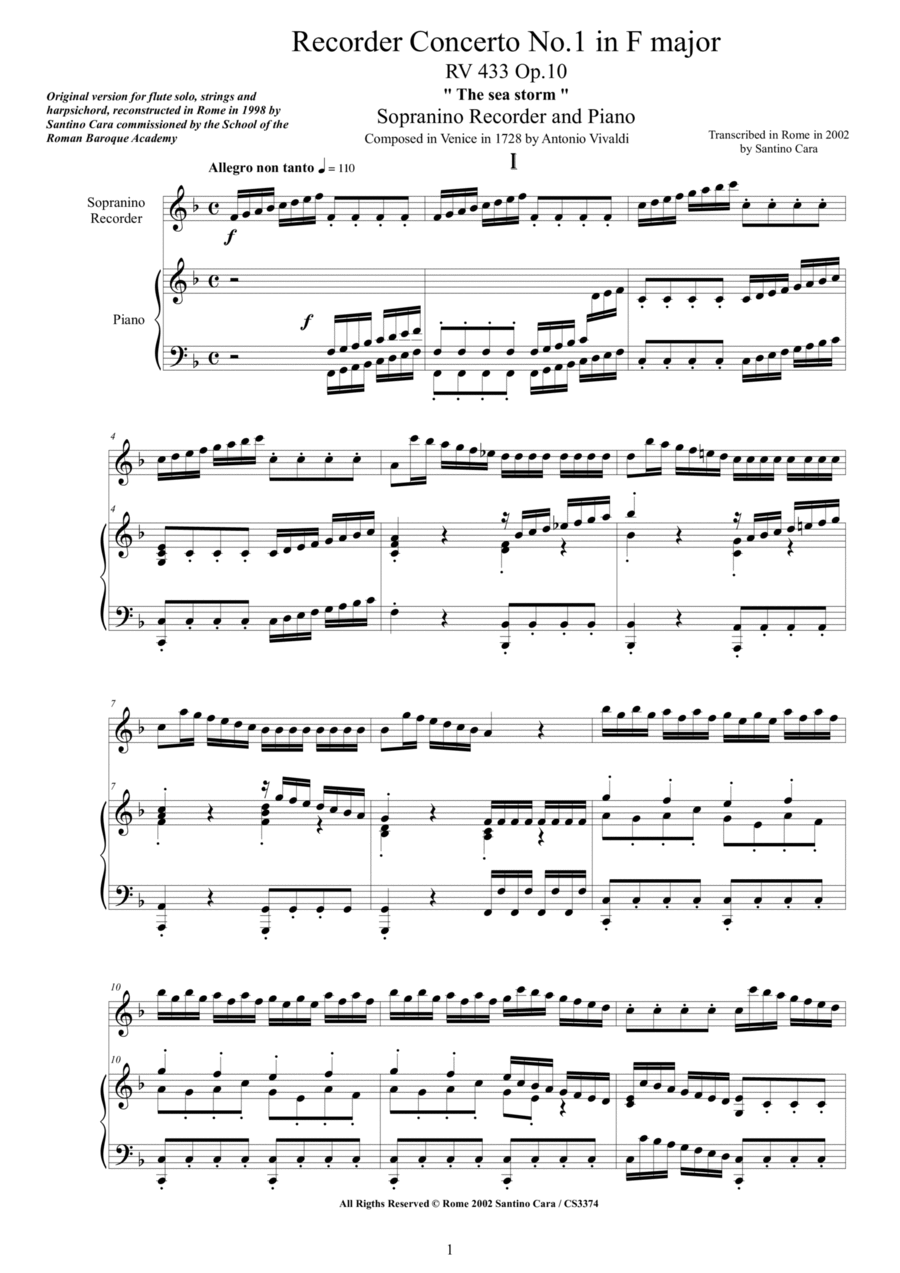 Vivaldi - Recorder Concerto No.1 in F major RV 433 Op.10 for Sopranino Recorder and Piano Alto Recorder scores gallery preview page 1