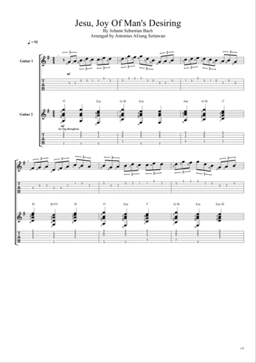 Jesu, Joy Of Man's Desiring (Duet Guitar Tablature) Classical Guitar scores gallery preview page 1