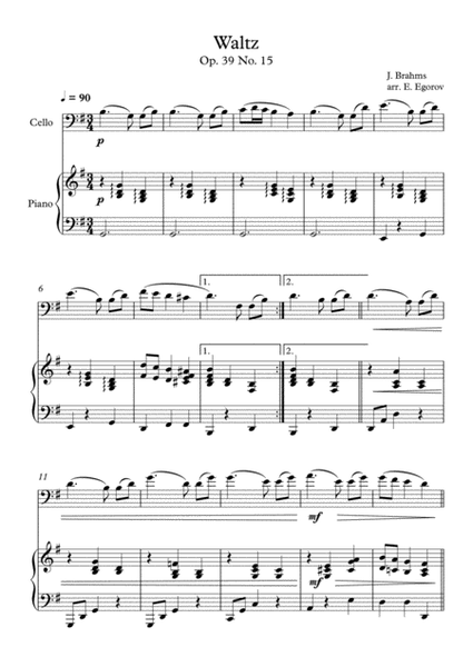 Waltz (Op. 39 No. 15), Johannes Brahms, For Cello & Piano image number null