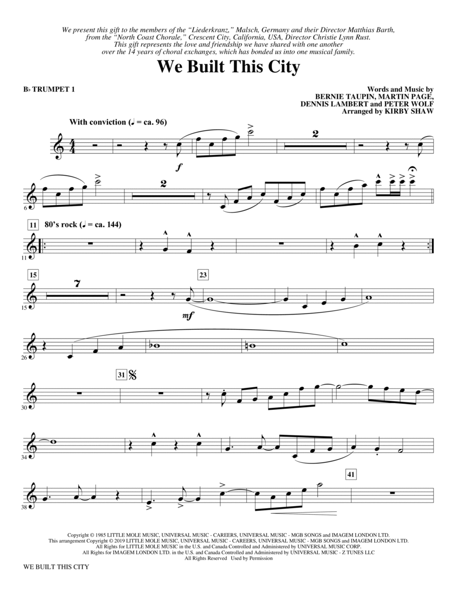 We Built This City (arr. Kirby Shaw) - Bb Trumpet 1 Choir scores gallery preview page 1