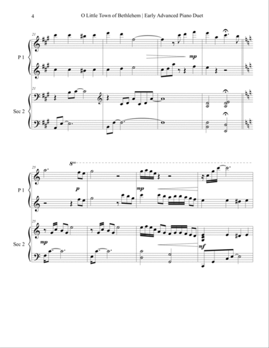 O Little Town Of Bethlehem – Early Advanced Christmas Piano Duet Sheet Music 1 Piano, 4-Hands scores gallery preview page 4