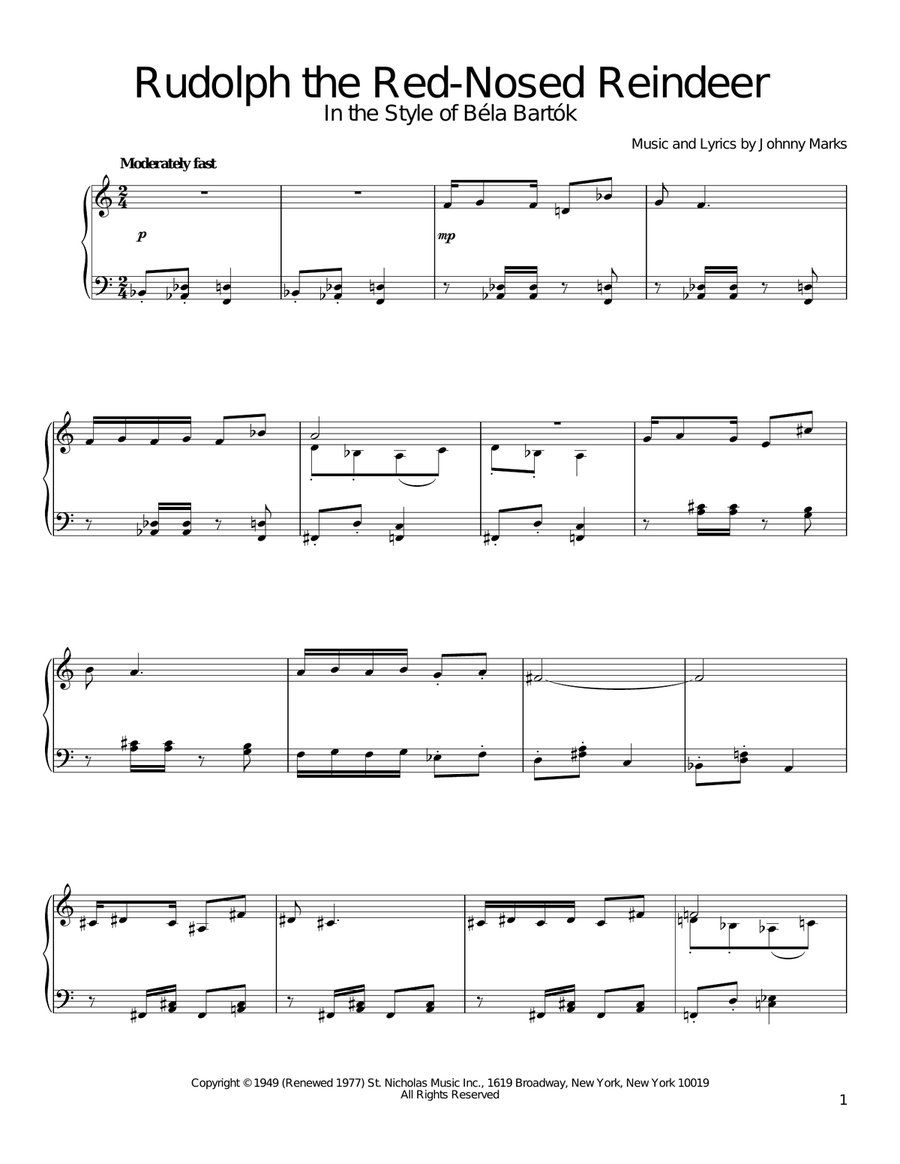Rudolph The Red-Nosed Reindeer (in the style of Bela Bartok) (arr. David Pearl) Piano Solo scores gallery preview page 1