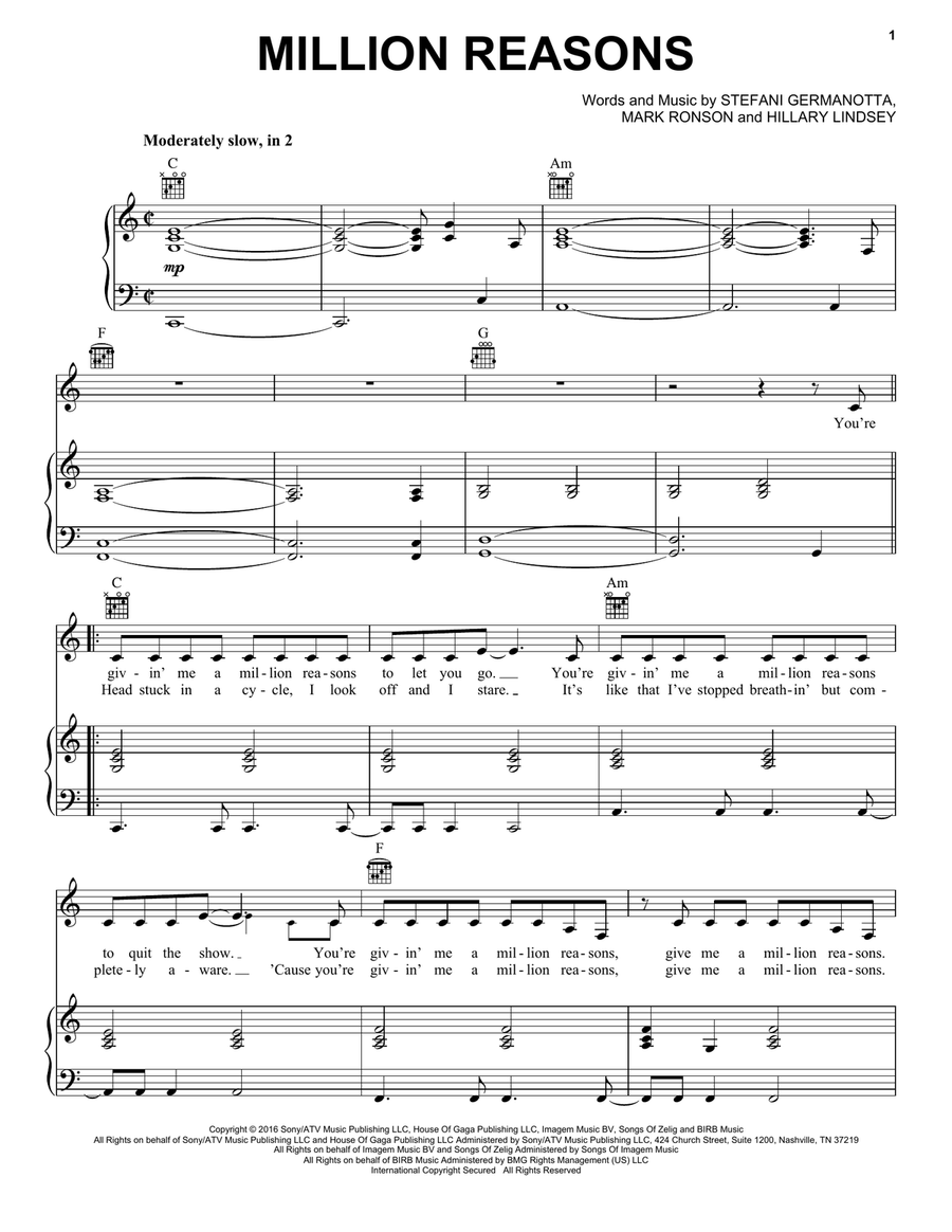 Million Reasons Piano, Vocal scores gallery preview page 1