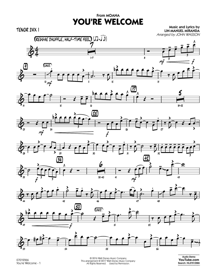 You're Welcome (from Moana) (arr. John Wasson) - Tenor Sax 1 Tenor Saxophone scores gallery preview page 1