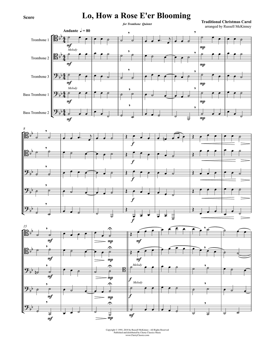 Traditional Christmas - Lo, How a Rose E'er Blooming for Trombone Quintet Small Ensemble scores gallery preview page 1