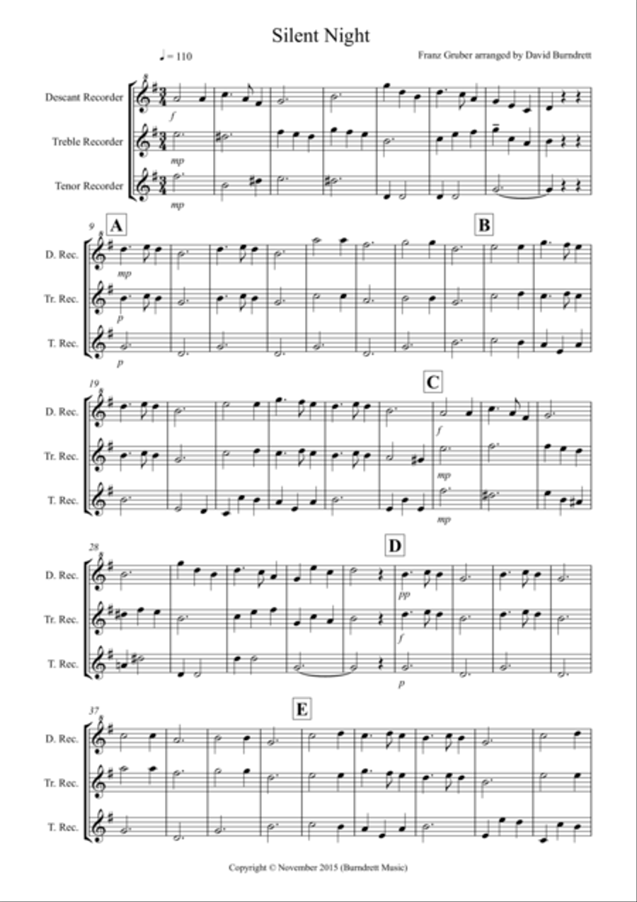 Silent Night for Recorder Trio Recorder scores gallery preview page 1