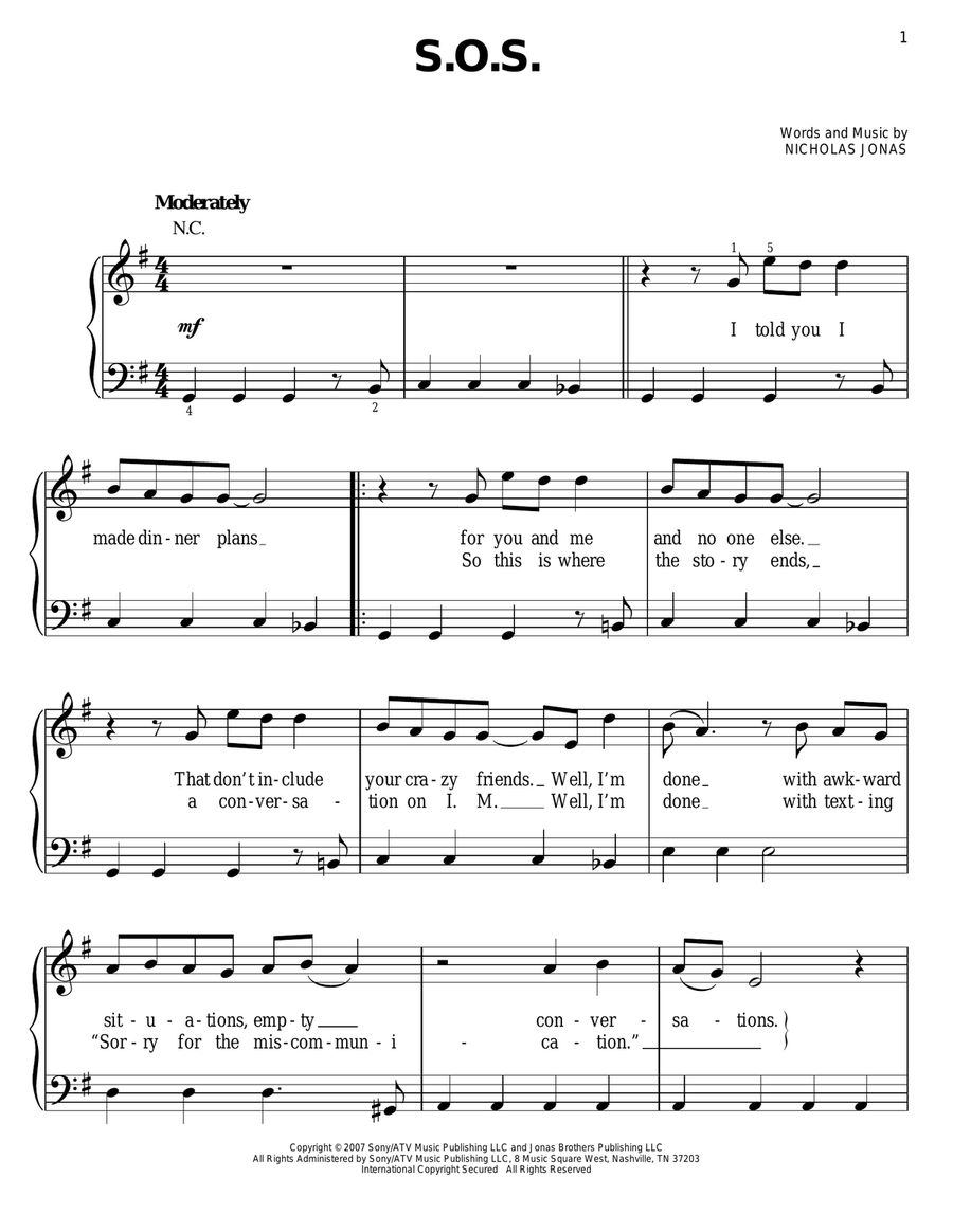 S.O.S. Easy Piano scores gallery preview page 1