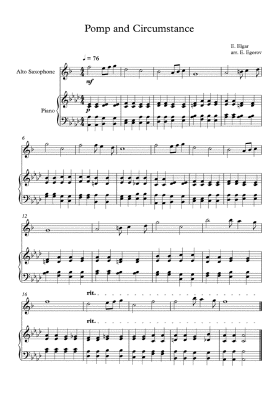 Pomp and Circumstance, Edward Elgar, For Alto Saxophone & Piano Alto Saxophone scores gallery preview page 1