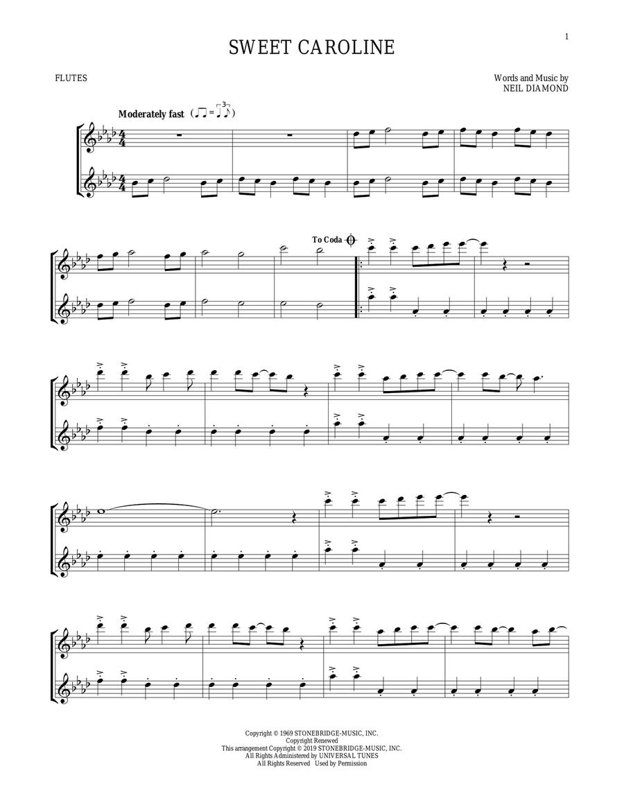 Sweet Caroline Flute Duet scores gallery preview page 1
