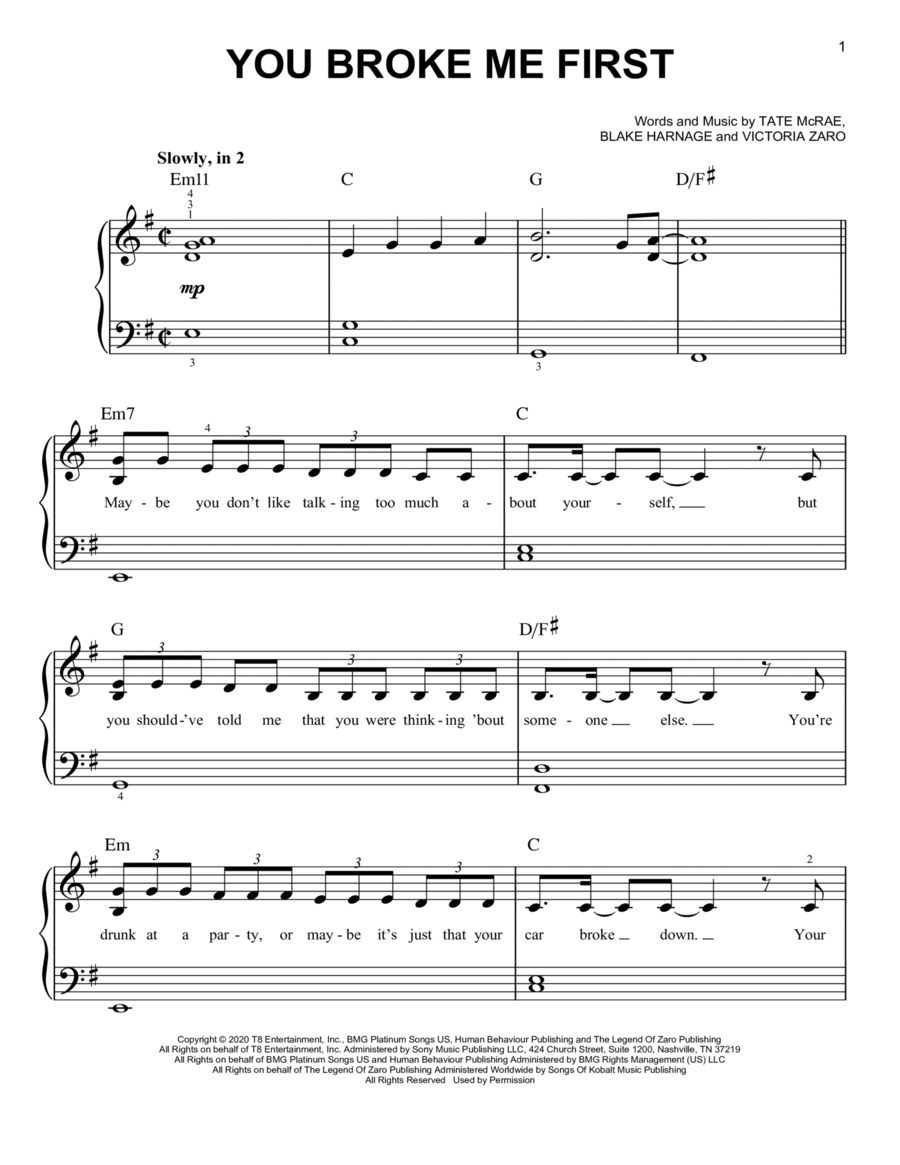 You Broke Me First Easy Piano scores gallery preview page 1
