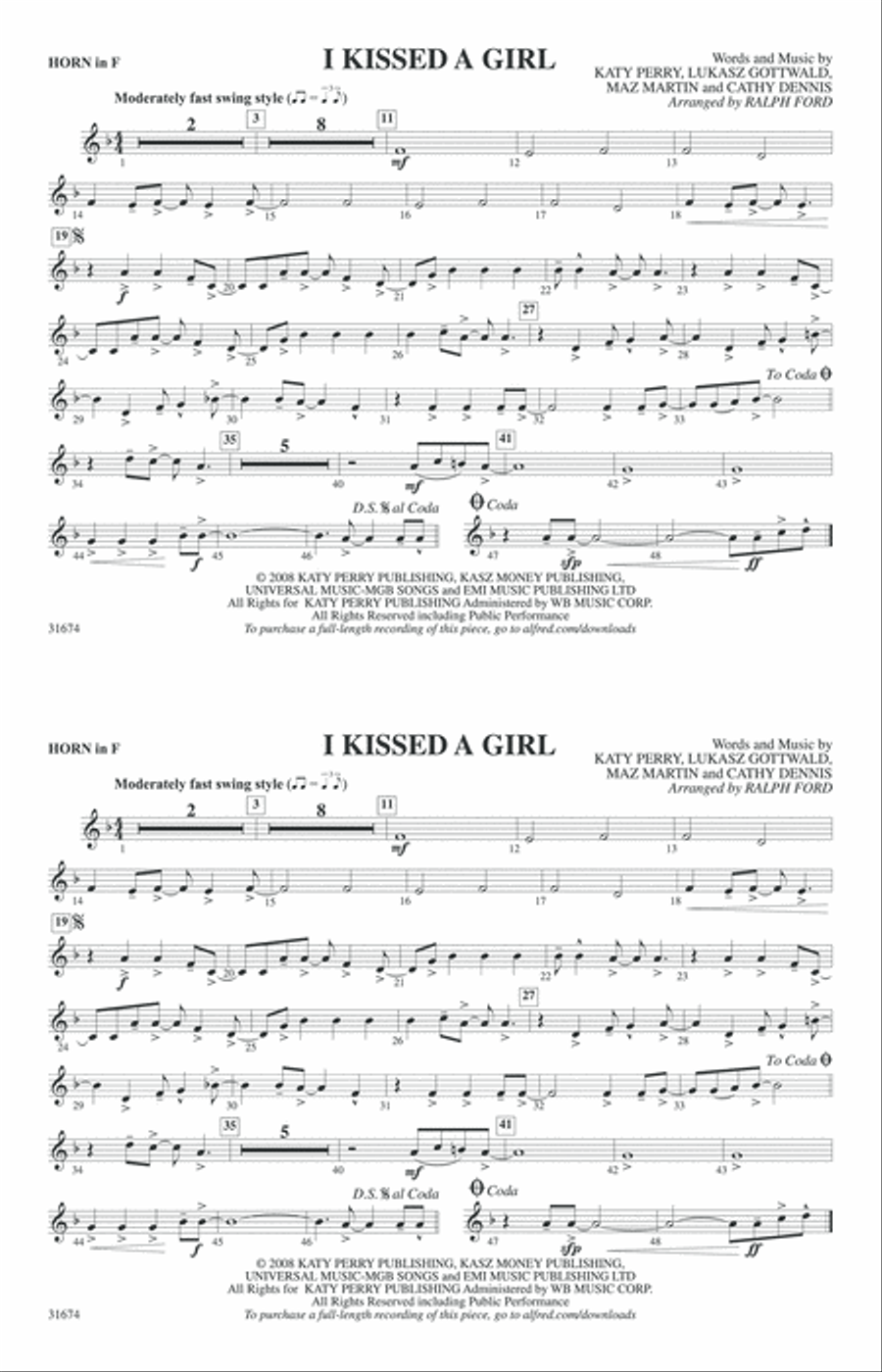 I Kissed a Girl: 1st F Horn Marching Band scores gallery preview page 1