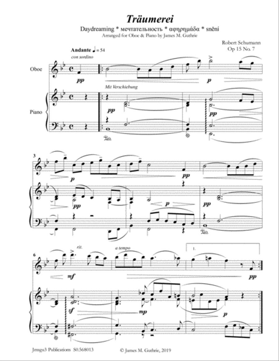 Schumann: Träumerei Op. 15 No. 7 for Oboe & Piano Piano scores gallery preview page 1