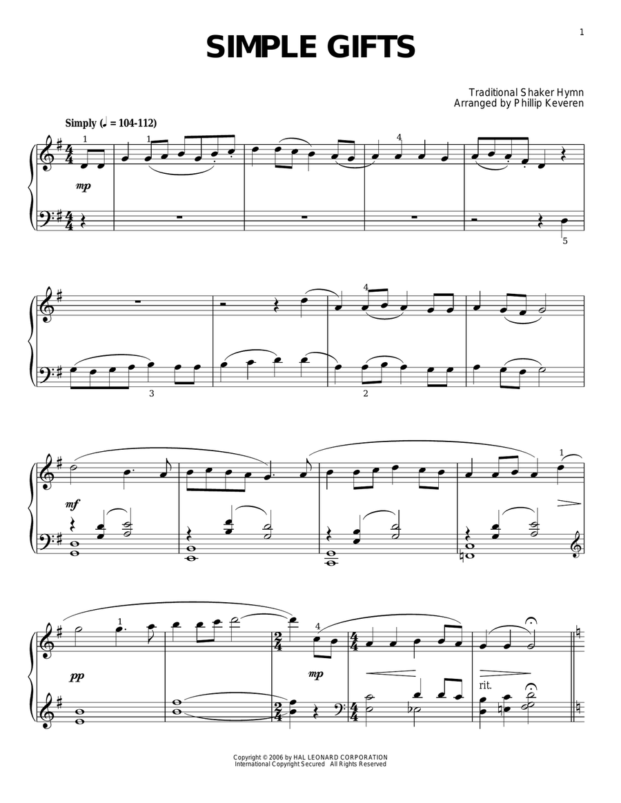Simple Gifts (arr. Phillip Keveren) Piano Solo scores gallery preview page 1