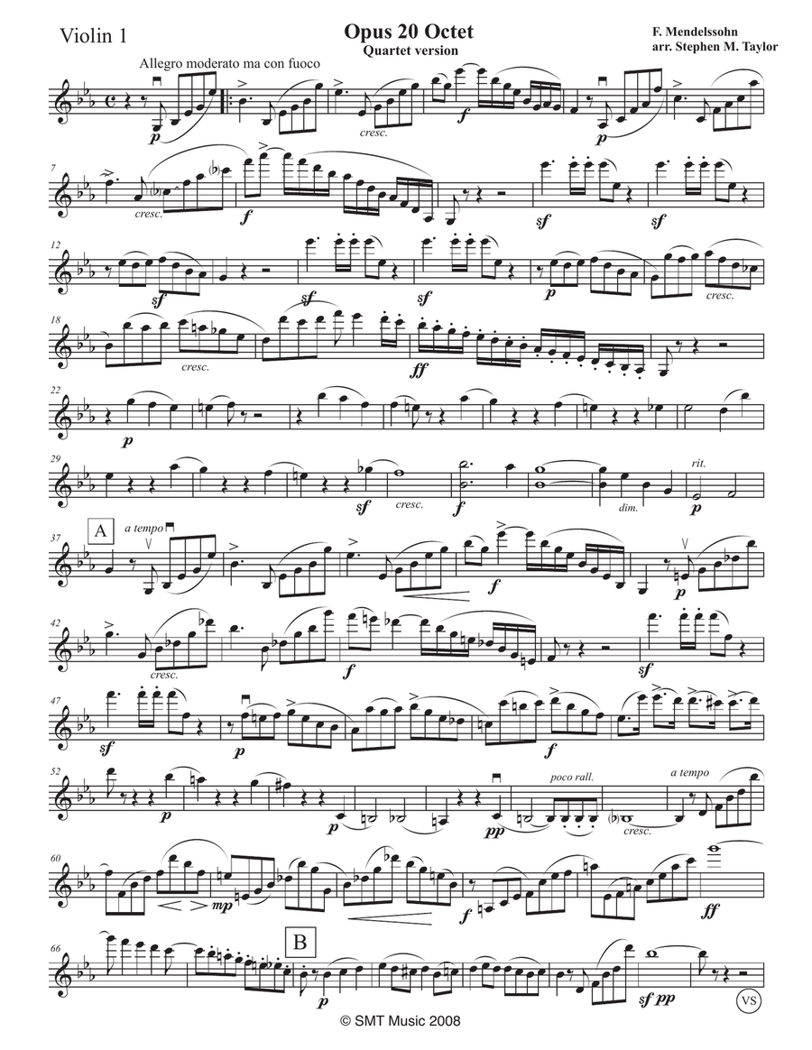 Mendelssohn Octet arr. for String Quartet op. 20 in Eb String Quartet scores gallery preview page 1