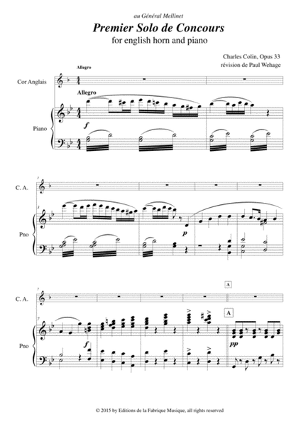 Charles COLIN Solo de Concours no. 1, Opus 33 , arranged for english horn and piano