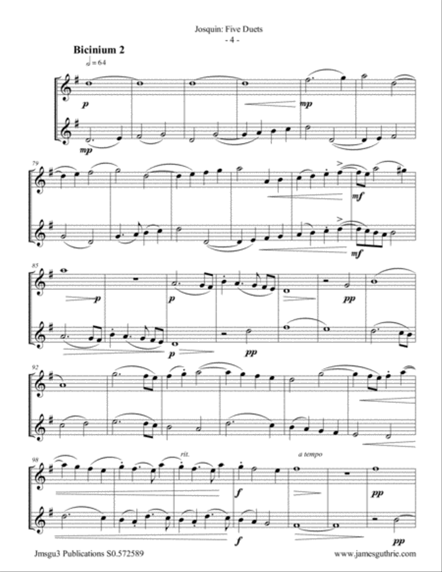Josquin: Five Duets for Eb Sax Duo Woodwind Duet scores gallery preview page 4