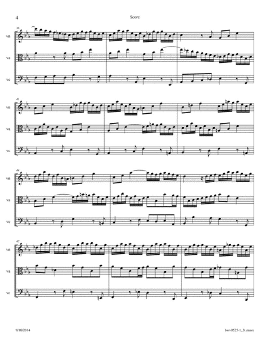 Bach: Triosonata BWV 525 1st movement arrange for Violin, Viola and Cello or 2 Violins, and Cello Small Ensemble scores gallery preview page 4