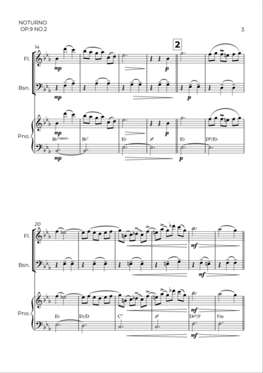 NOTURNO OP.9 NO.2 - CHOPIN - WIND PIANO TRIO (FLUTE, BASSOON & PIANO) Bassoon scores gallery preview page 3