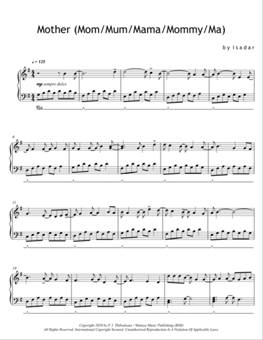 Mother (Mom / Mum / Mama / Mommy / Ma) Piano Solo scores gallery preview page 5