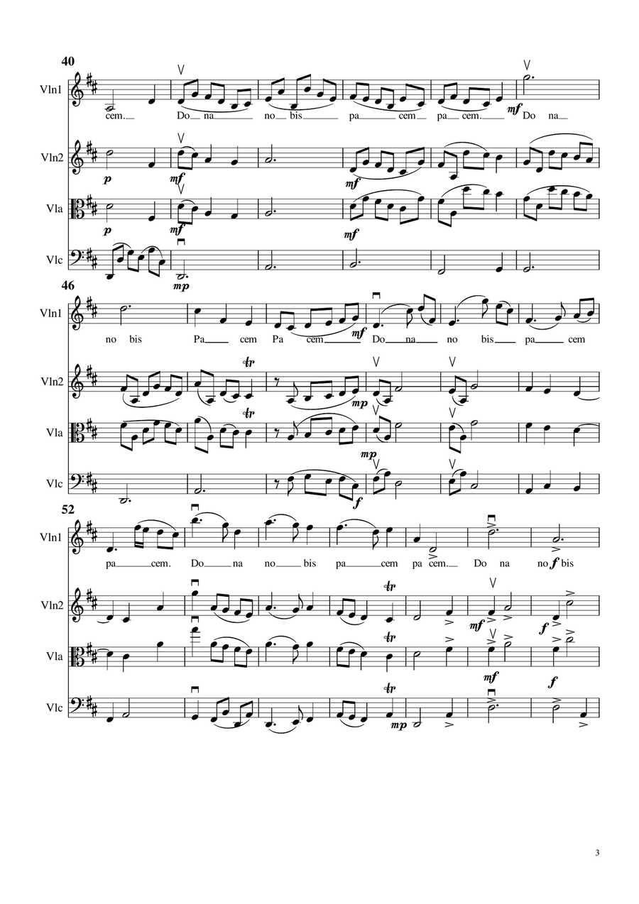 Dona Nobis Pachem, for 2 Violins (or Violin, Viola), and Cello, with Lyrics String Trio scores gallery preview page 3