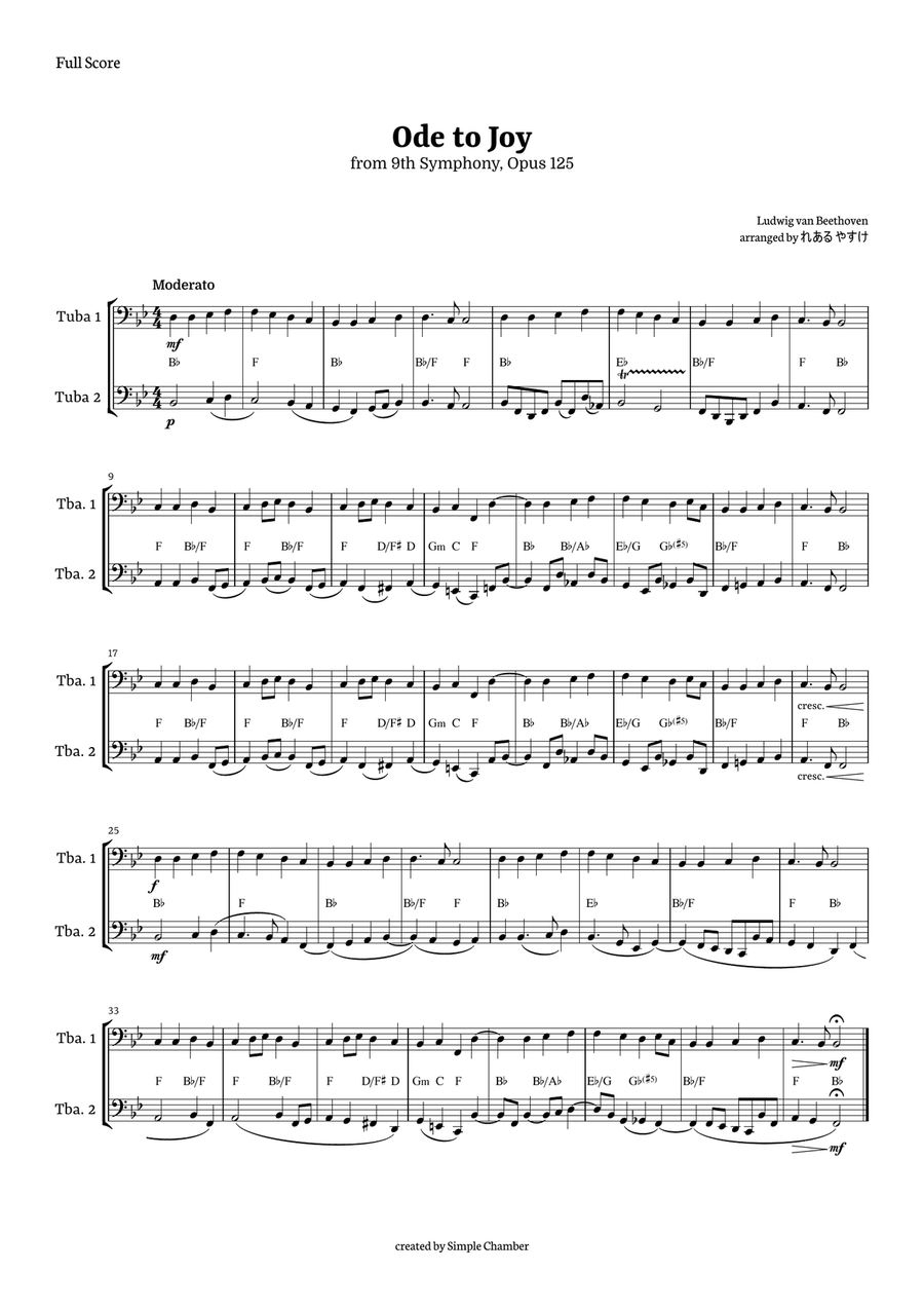 Ode to Joy for Tuba Duet by Beethoven Opus 125 Brass Duet scores gallery preview page 1