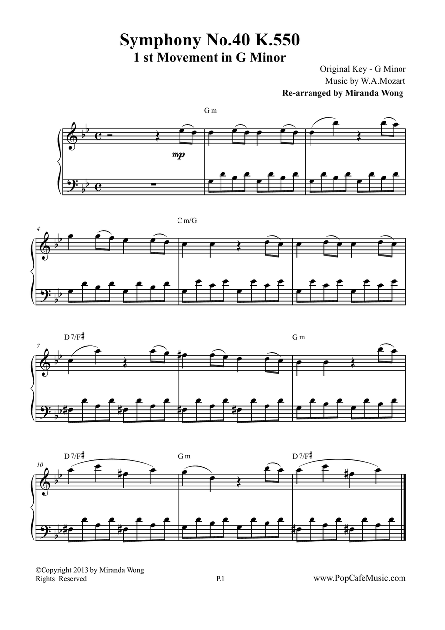 Symphony No.40 K.550 - 1st Movement for Piano Solo (G Minor) by Wolfgang Amadeus Mozart 4-Part - Digital Sheet Music