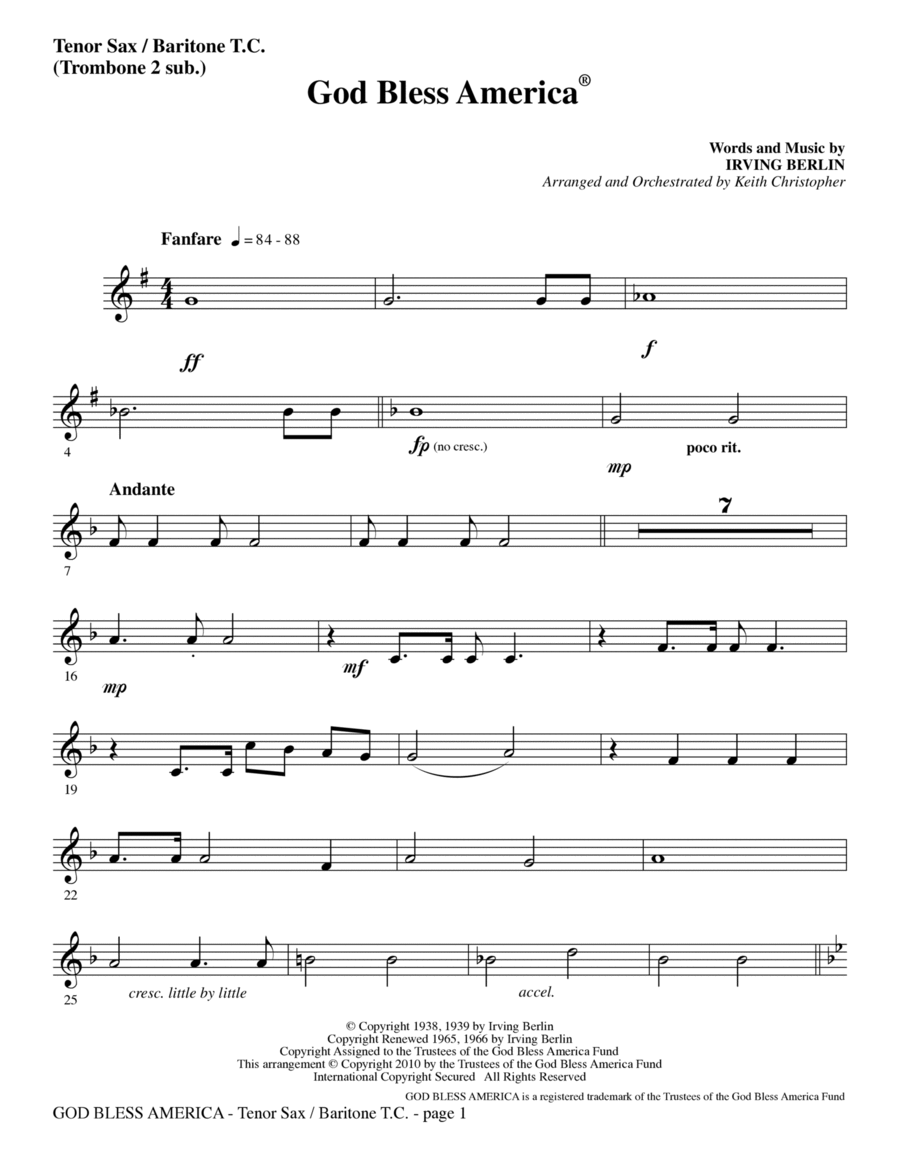 God Bless America - Tenor Sax/Bari TC (sub. Tbn 2) Choir scores gallery preview page 1