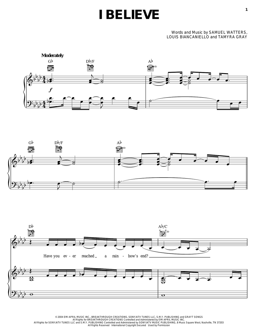 I Believe Piano, Vocal, Guitar scores gallery preview page 1
