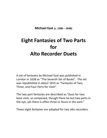 Michael East Fantasies for Alto Recorder Duets image number null