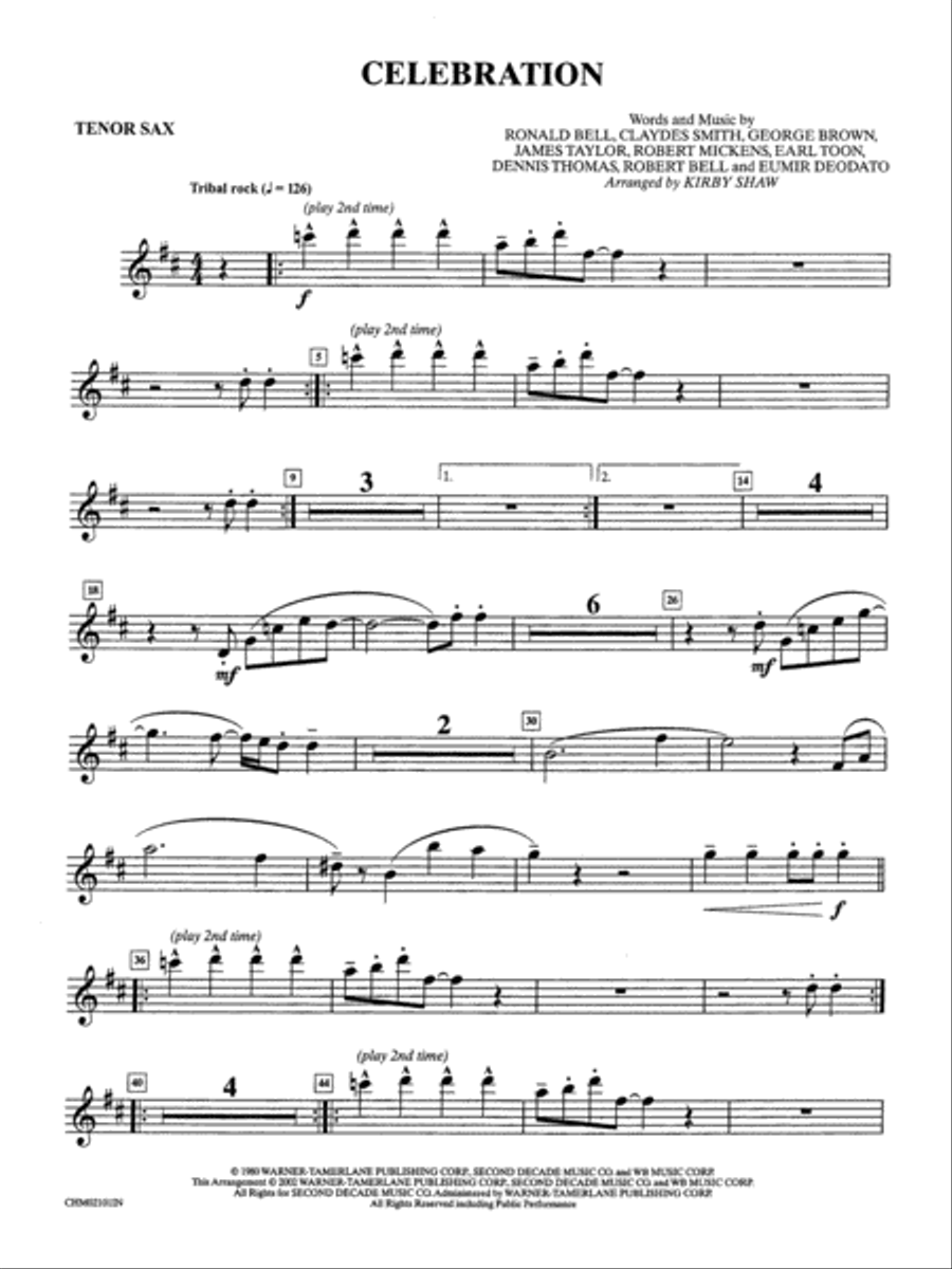 Celebration: B-flat Tenor Saxophone Tenor Saxophone scores gallery preview page 1