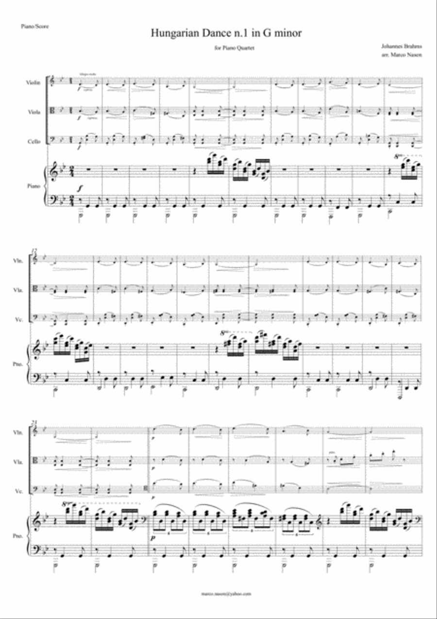 Brahms - Hungarian Dance n.1 in G minor for Piano Quartet Piano Quartet scores gallery preview page 1