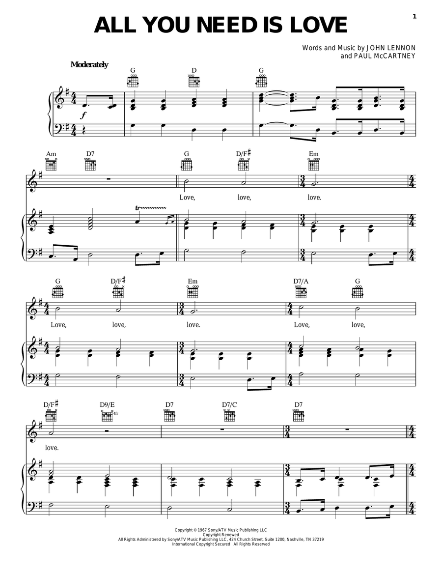All You Need Is Love Piano, Vocal, Guitar scores gallery preview page 1