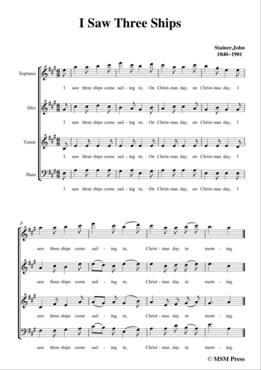 Stainer-I Saw Three Ships,in A Major,for A Cappella 4-Part scores gallery preview page 3