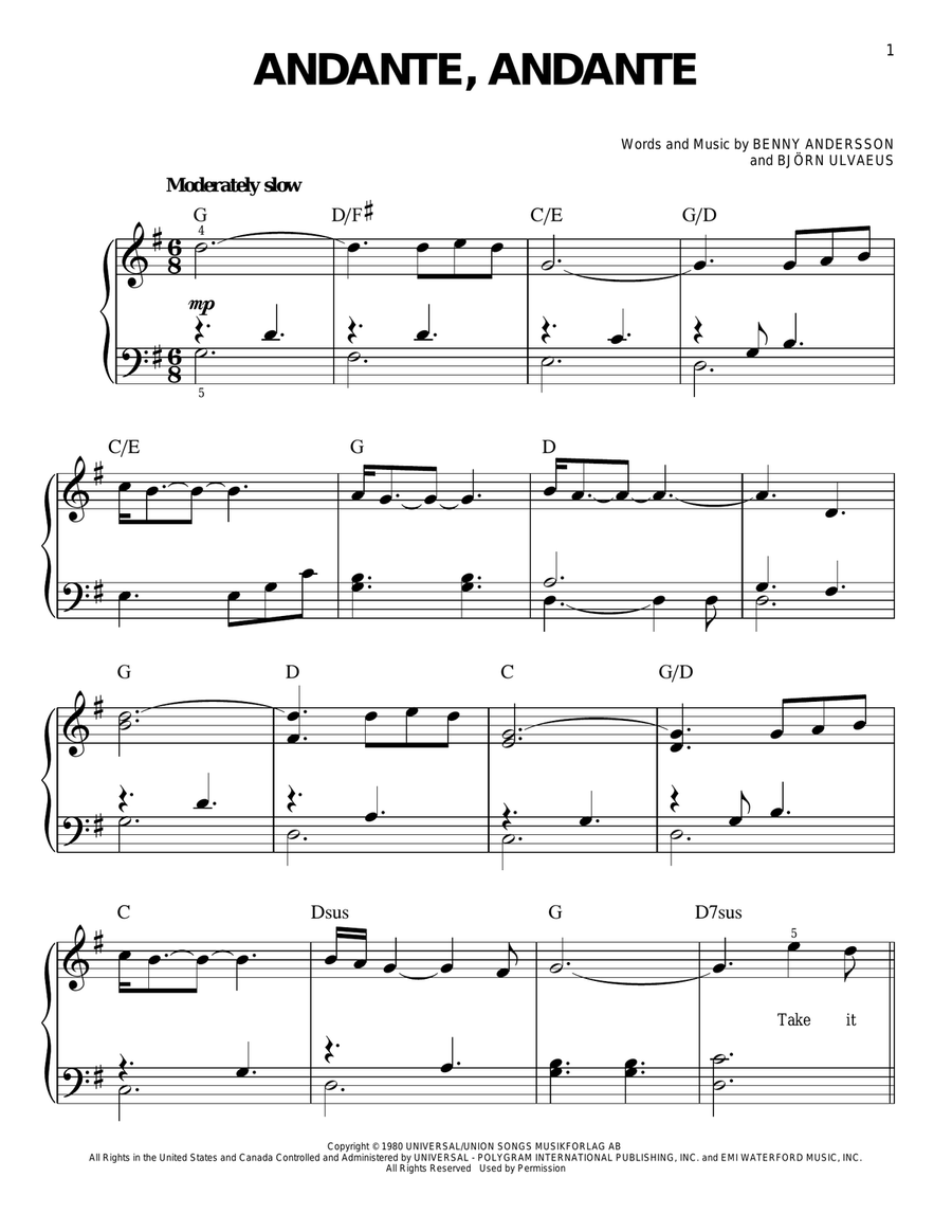 Andante, Andante (from Mamma Mia! Here We Go Again) Easy Piano scores gallery preview page 1