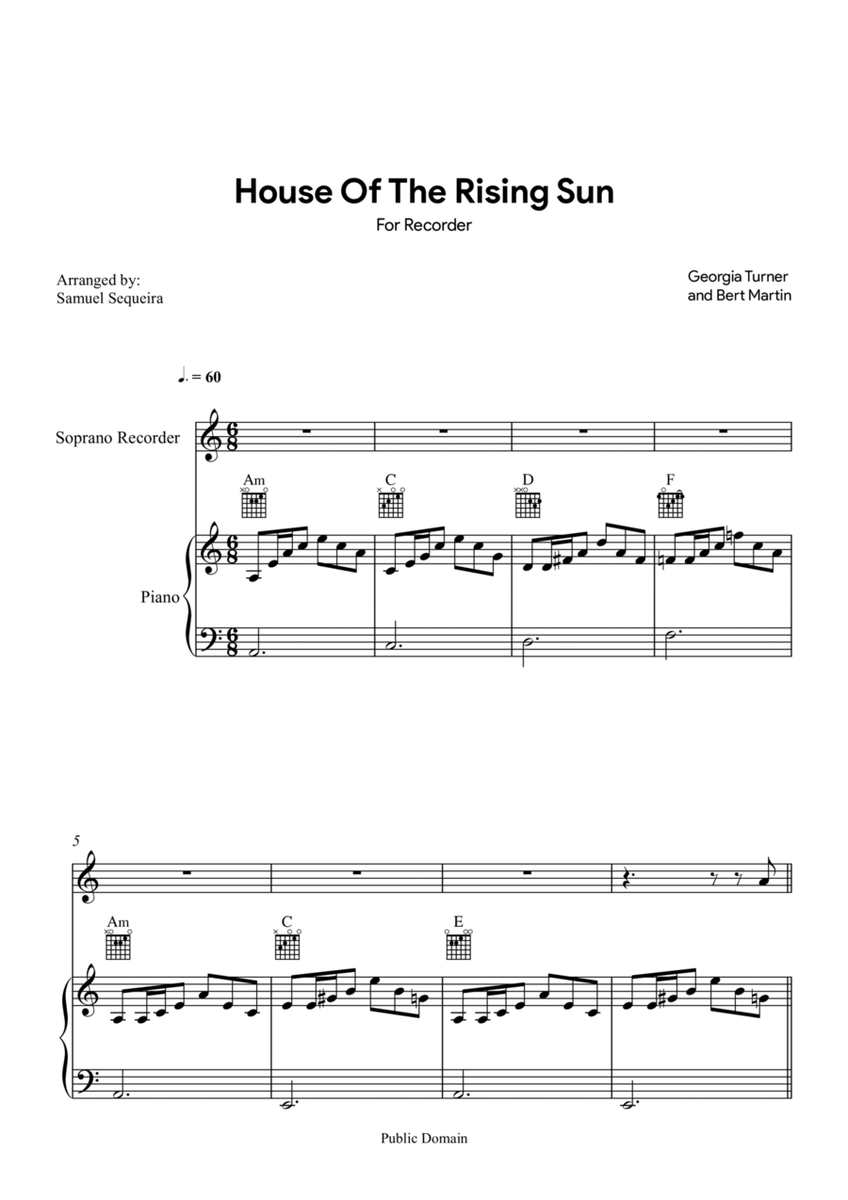 House of the Rising Sun - for Recorder - with play along image number null