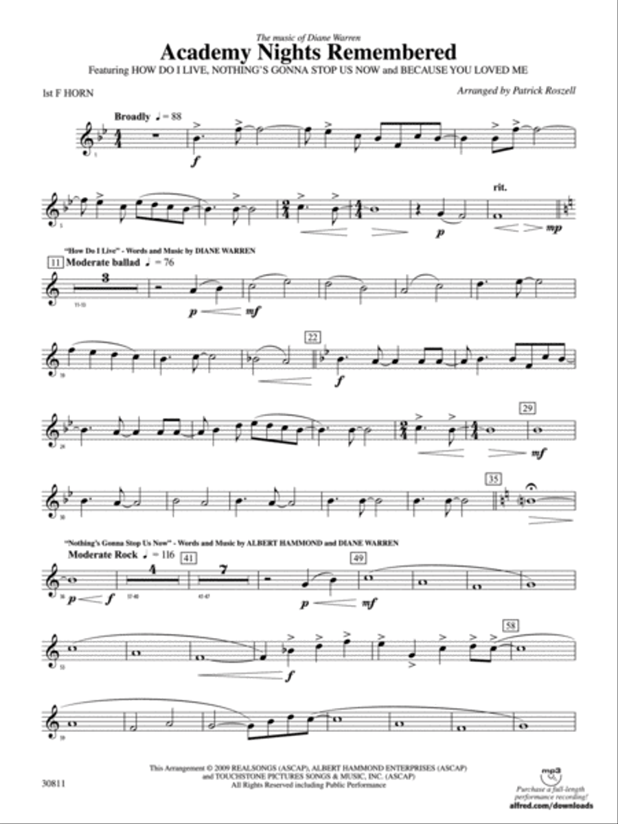 Academy Nights Remembered (The Music of Diane Warren): 1st F Horn Concert Band scores gallery preview page 1