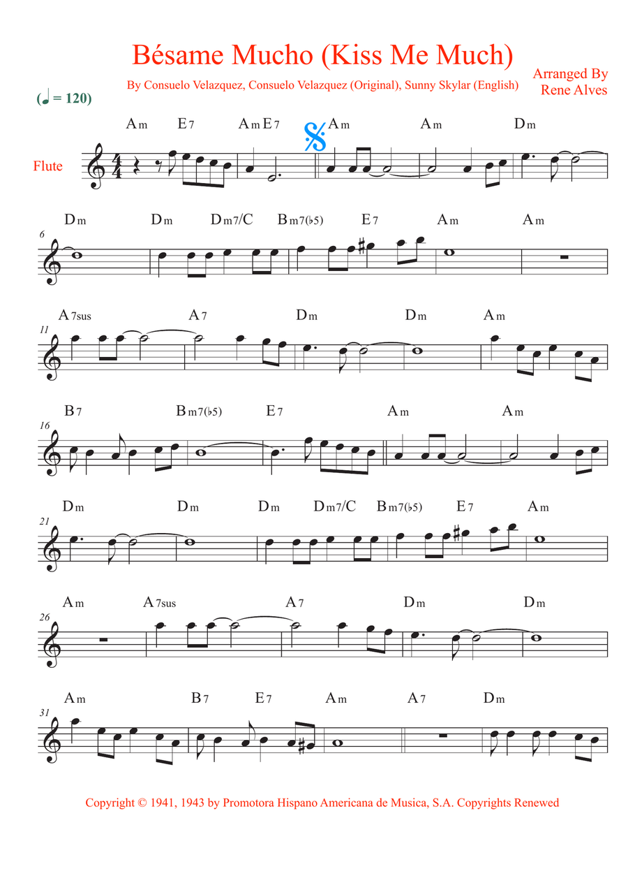 Bésame Mucho (Kiss Me Much) Flute Solo scores gallery preview page 1