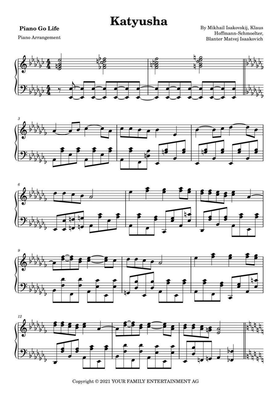 Katyusha Piano Solo scores gallery preview page 1