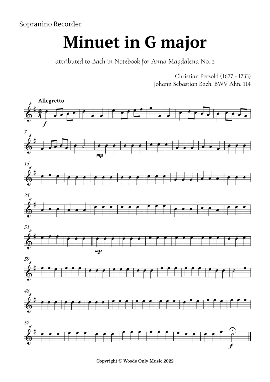 Minuet in G major by Bach for Recorder Choir Quintet Woodwind Quintet scores gallery preview page 4