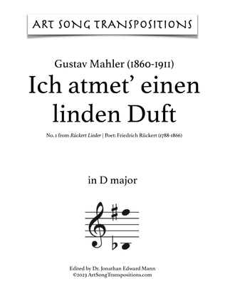 Book cover for MAHLER: Ich atmet' einen linden Duft (transposed to D major)