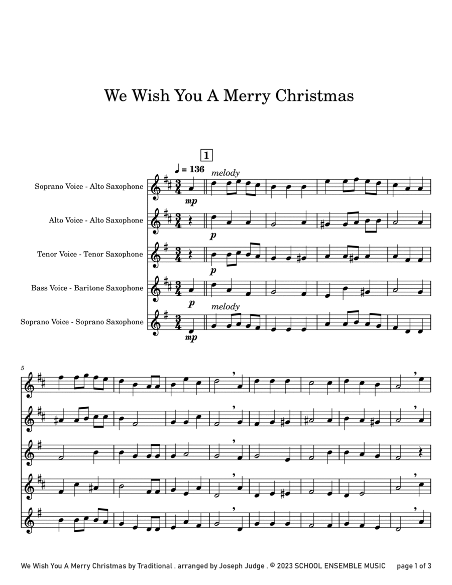 We Wish You A Merry Christmas for Saxophone Quartet in Schools Saxophone Quartet scores gallery preview page 1