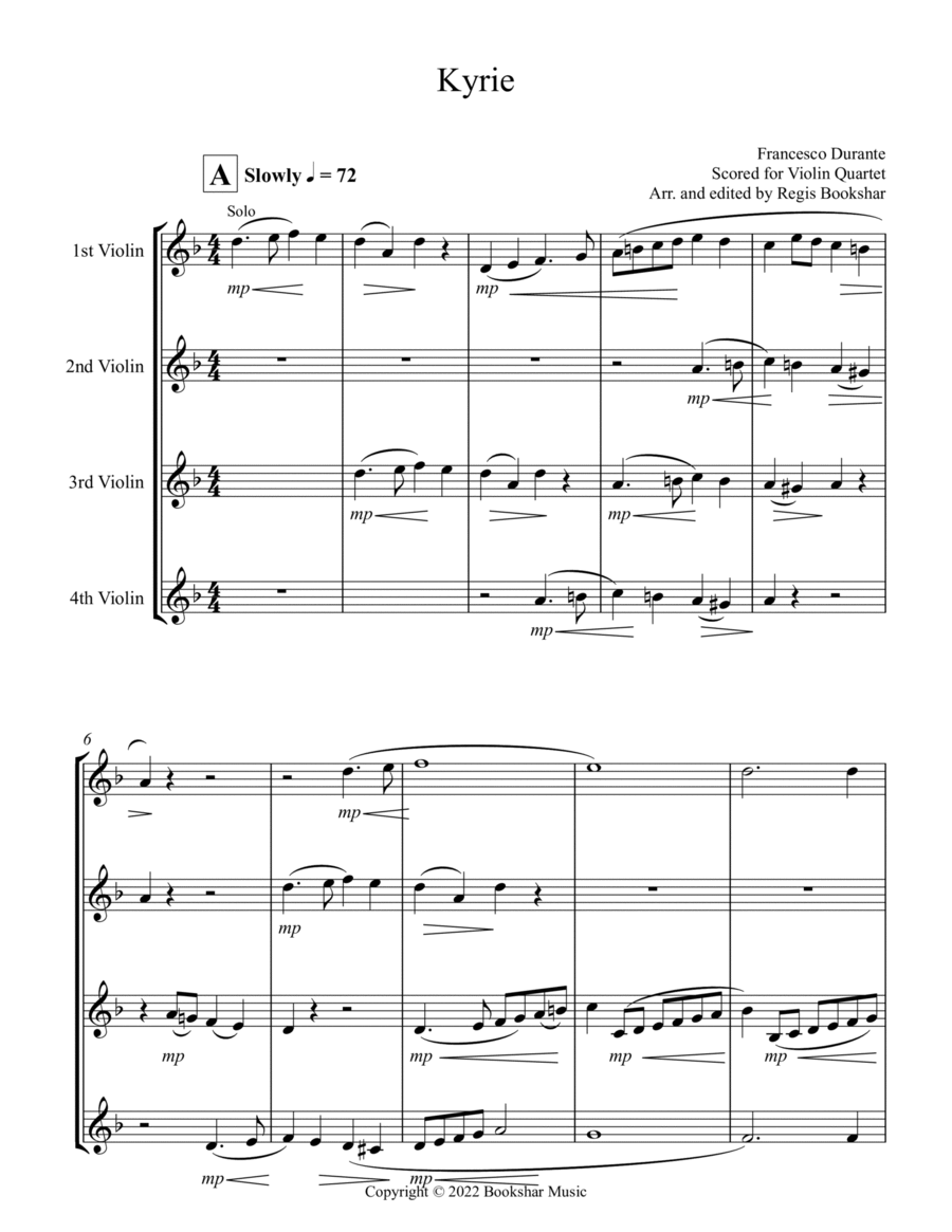 Kyrie (Durante) (Violin Quartet) String Quartet scores gallery preview page 1