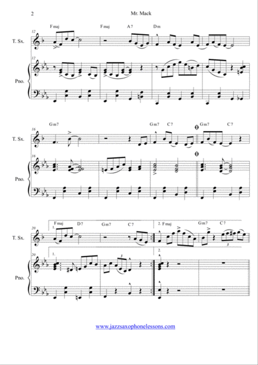 Mr. Mack for Tenor Saxophone and Piano (based on Mack The Knife chord progression by Kurt Weill) Woodwind Duet scores gallery preview page 3