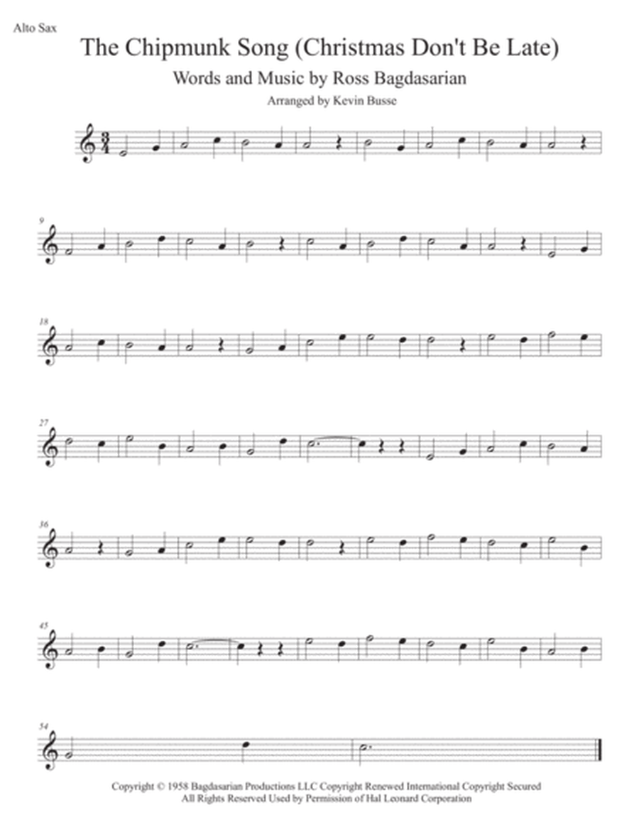 The Chipmunk Song (Easy key of C) Alto Sax image number null