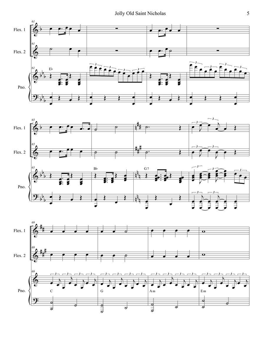 Jolly Old Saint Nicholas with Up On The Housetop (Duet for Flexible Treble Instrumentation and Piano Small Ensemble scores gallery preview page 6
