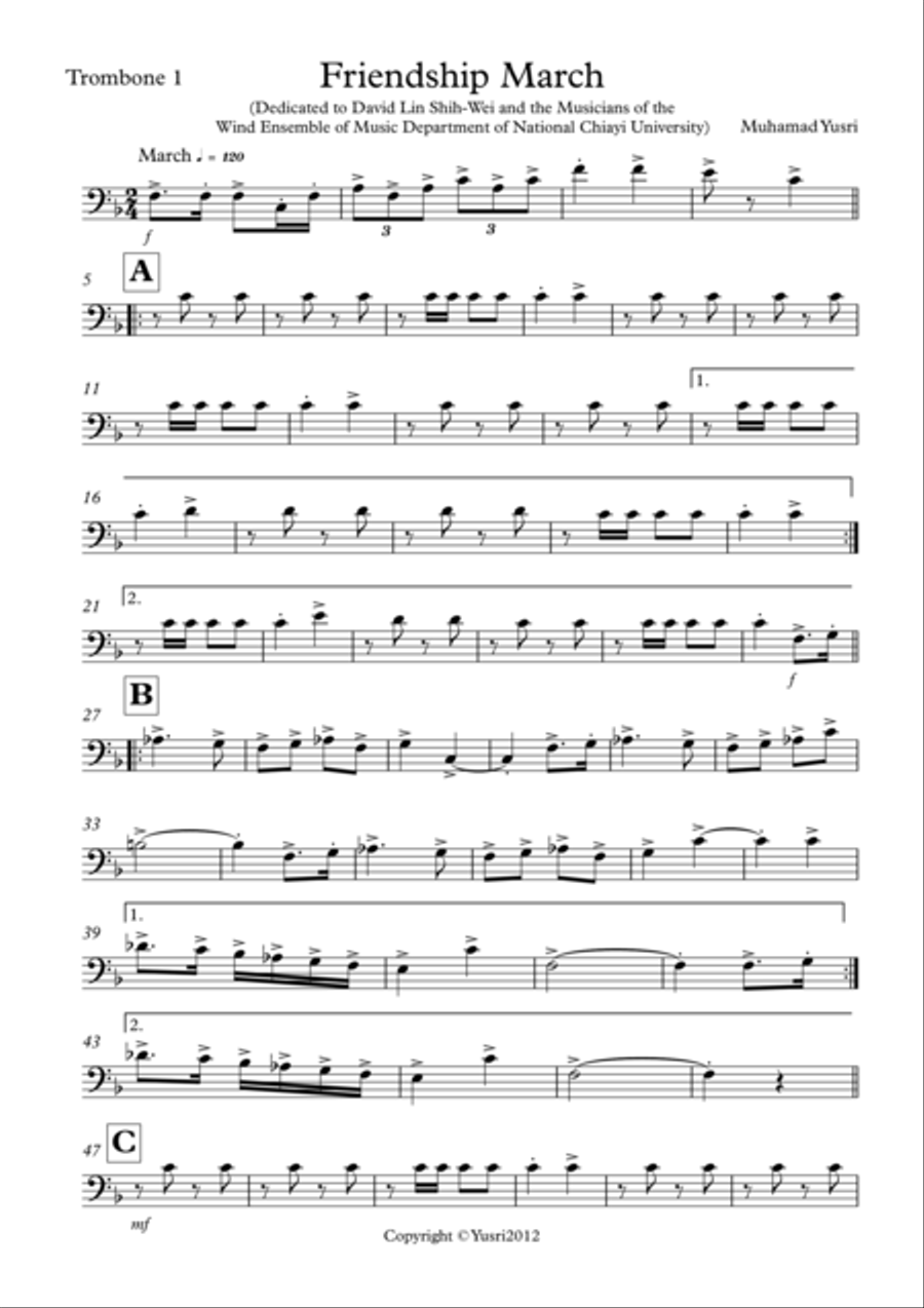 Friendship March (Trombone 1 Part) Concert Band scores gallery preview page 1