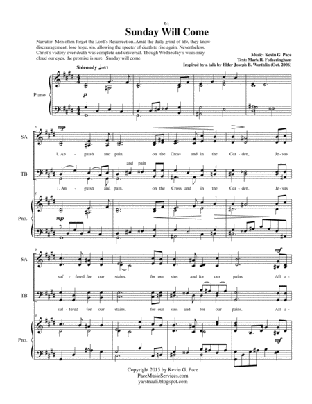 Sunday Will Come - SATB choir with piano accompaniment image number null