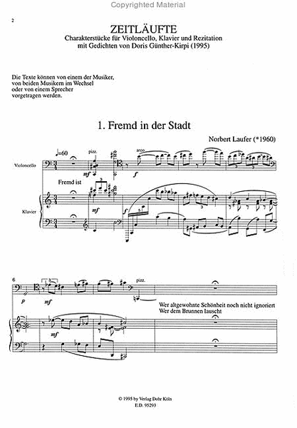 Zeitläufte für Violoncello, Klavier und Rezitation (1995) -Charakterstücke mit Gedichten von Doris Günther-Kirpi-